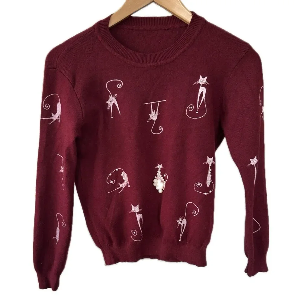 Unbranded Silkscreen Crazy Cat Lady Pearls Embellishment Knit Crewneck Sweater